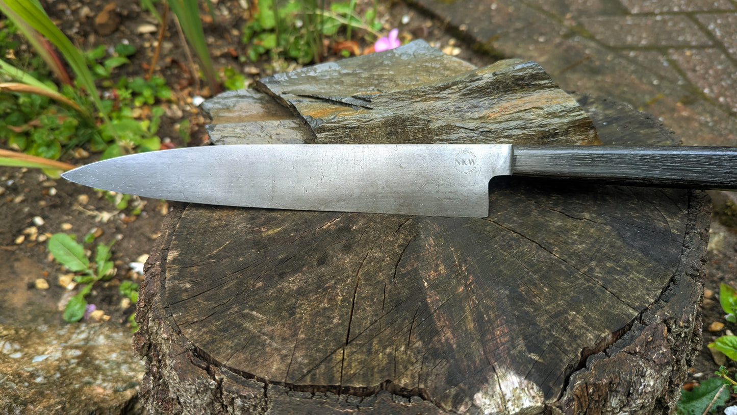 Handmade 9½ " 80 CRV2 carbon steel knife. 5600 years old Bog Oak handle