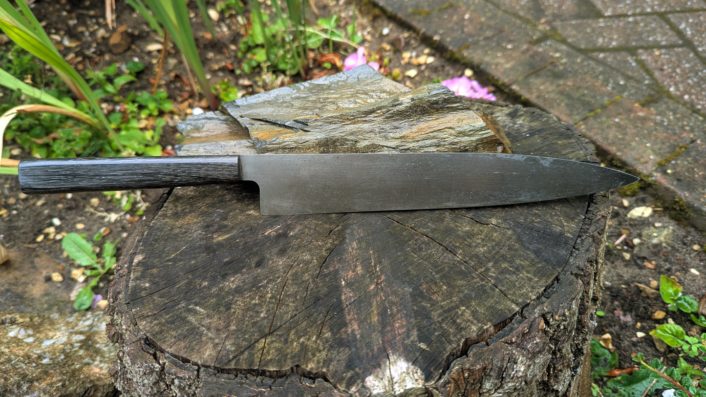 Handmade 9½ " 80 CRV2 carbon steel knife. 5600 years old Bog Oak handle