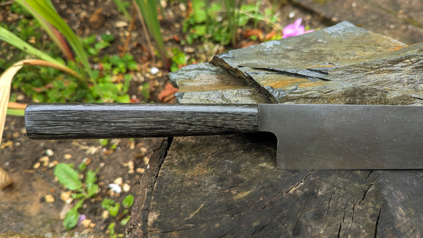 Handmade 9½ " 80 CRV2 carbon steel knife. 5600 years old Bog Oak handle