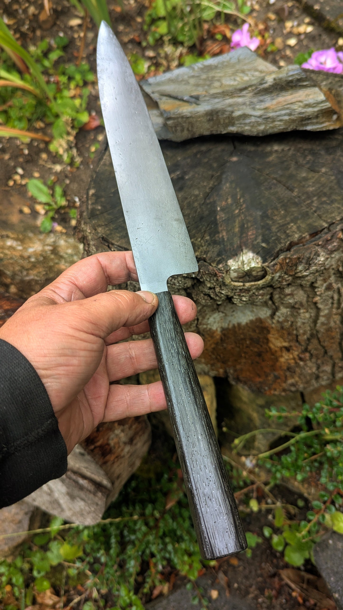 Handmade 9½ " 80 CRV2 carbon steel knife. 5600 years old Bog Oak handle