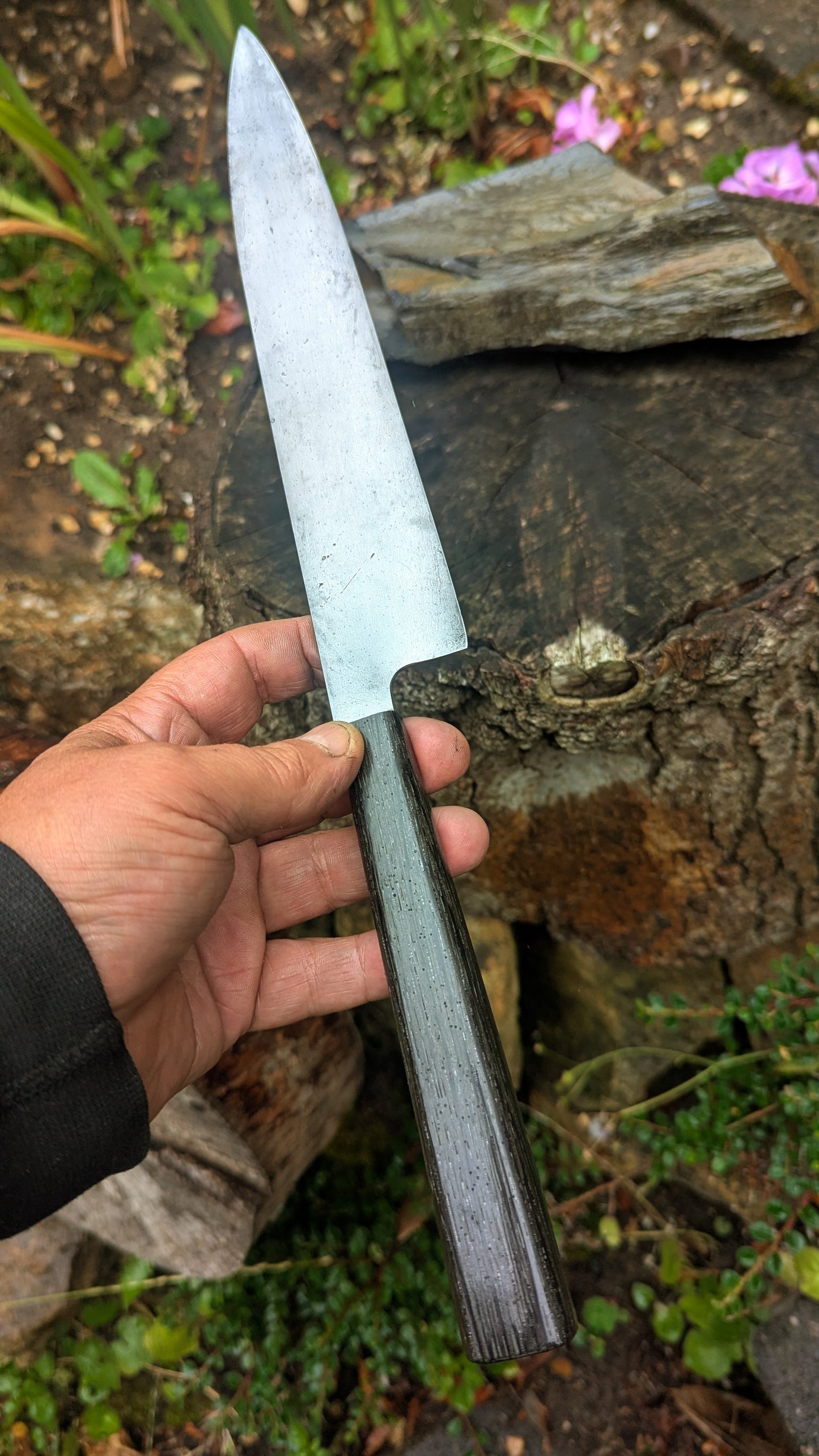 Handmade 9½ " 80 CRV2 carbon steel knife. 5600 years old Bog Oak handle