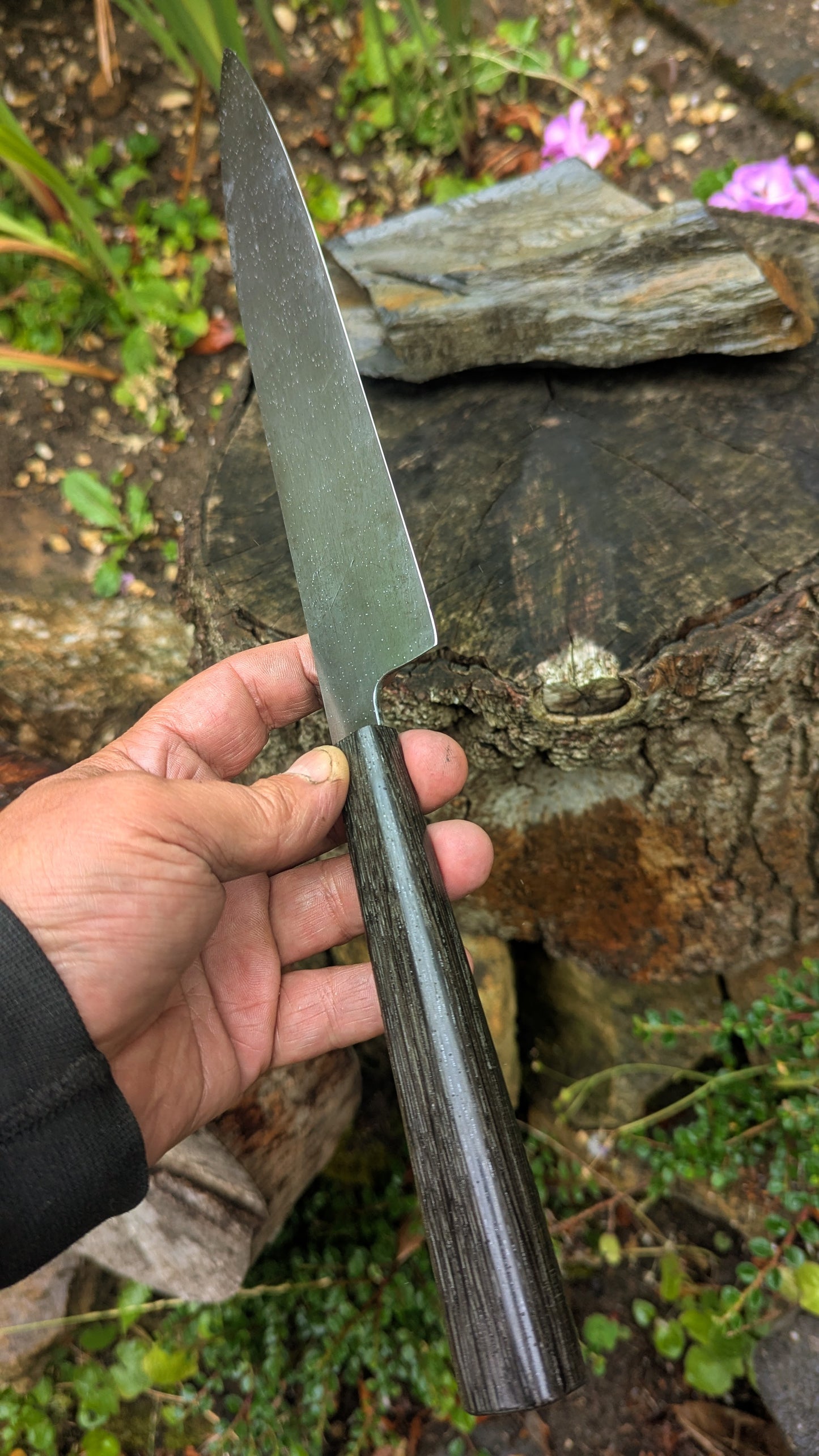Handmade 9½ " 80 CRV2 carbon steel knife. 5600 years old Bog Oak handle