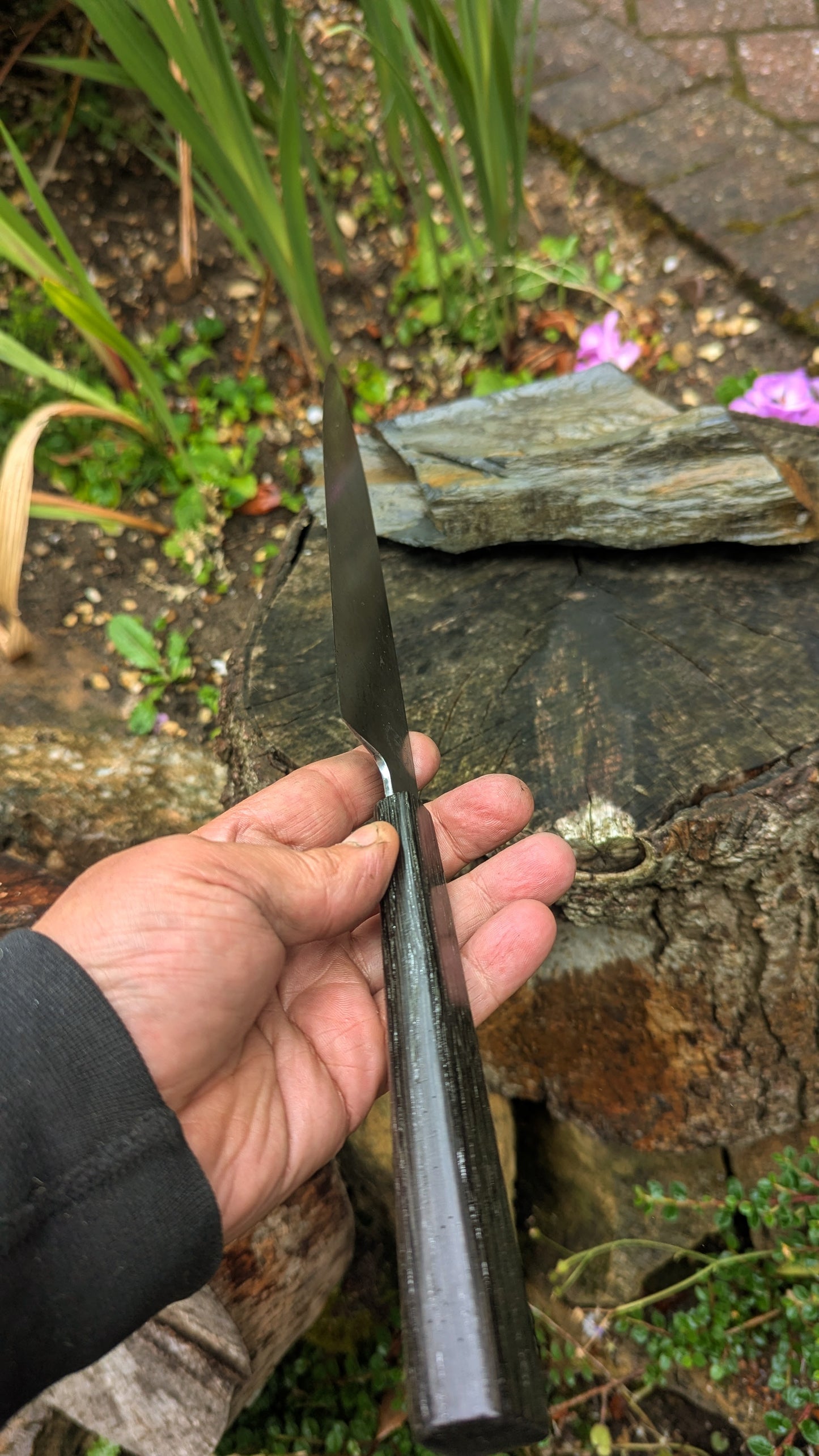 Handmade 9½ " 80 CRV2 carbon steel knife. 5600 years old Bog Oak handle