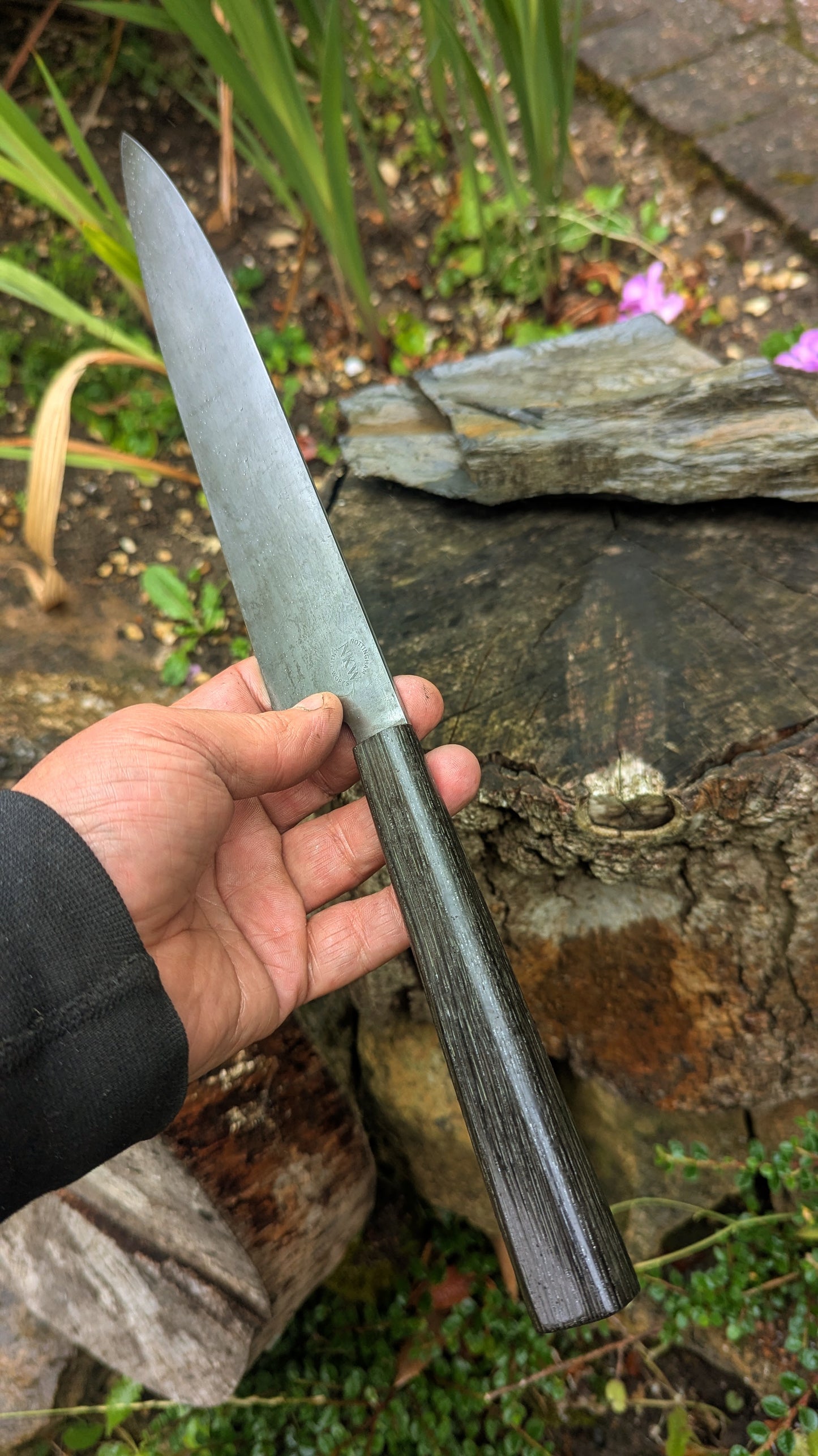 Handmade 9½ " 80 CRV2 carbon steel knife. 5600 years old Bog Oak handle