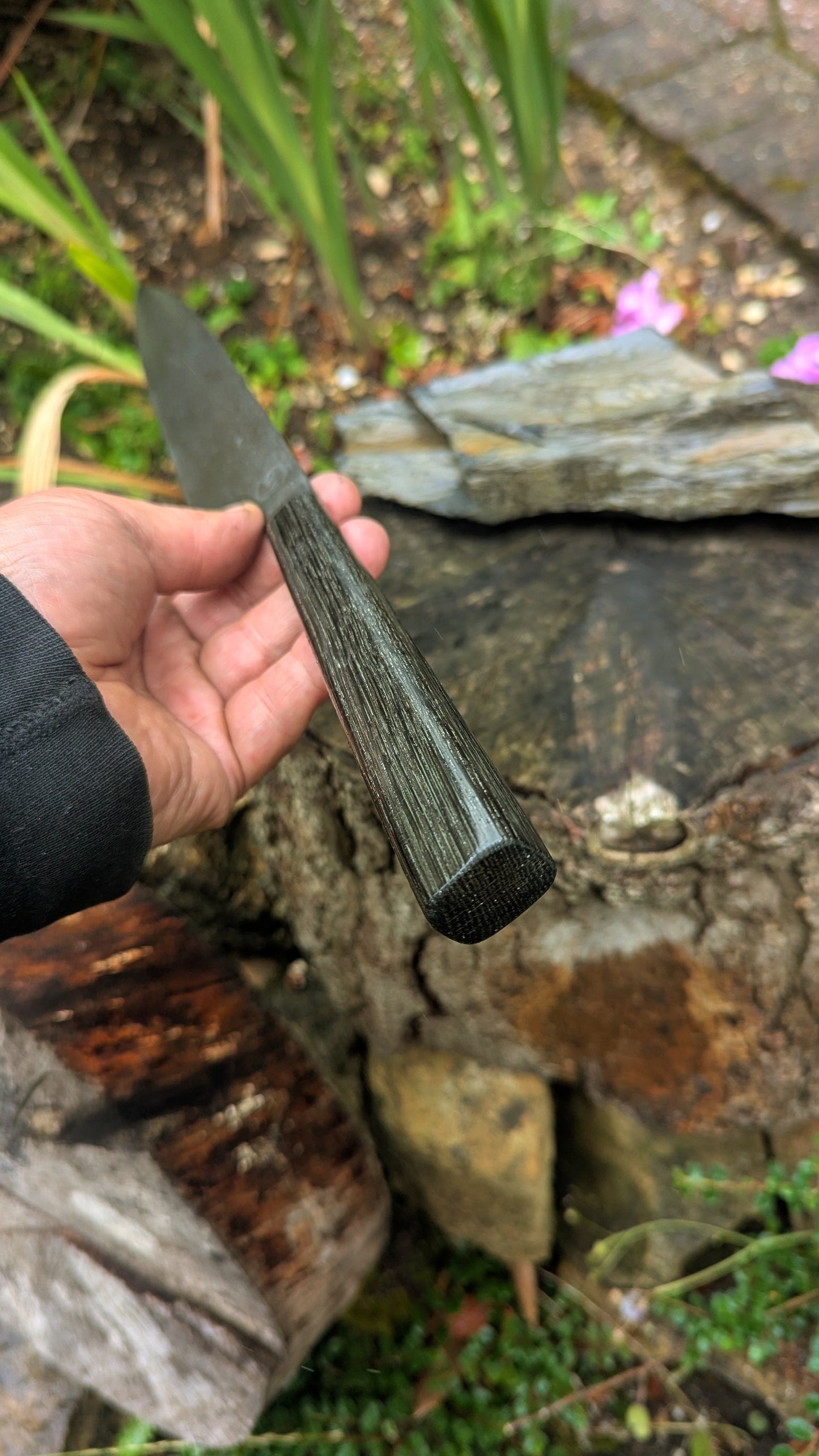 Handmade 9½ " 80 CRV2 carbon steel knife. 5600 years old Bog Oak handle