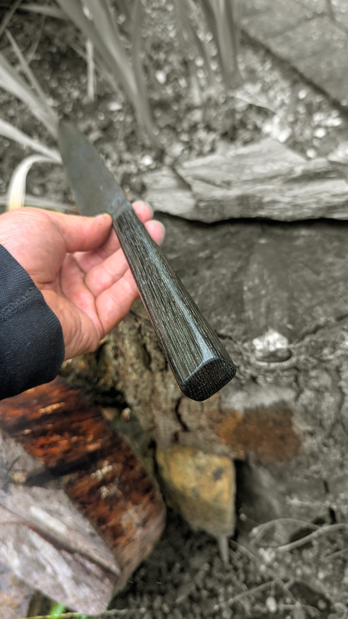 Handmade 9½ " 80 CRV2 carbon steel knife. 5600 years old Bog Oak handle
