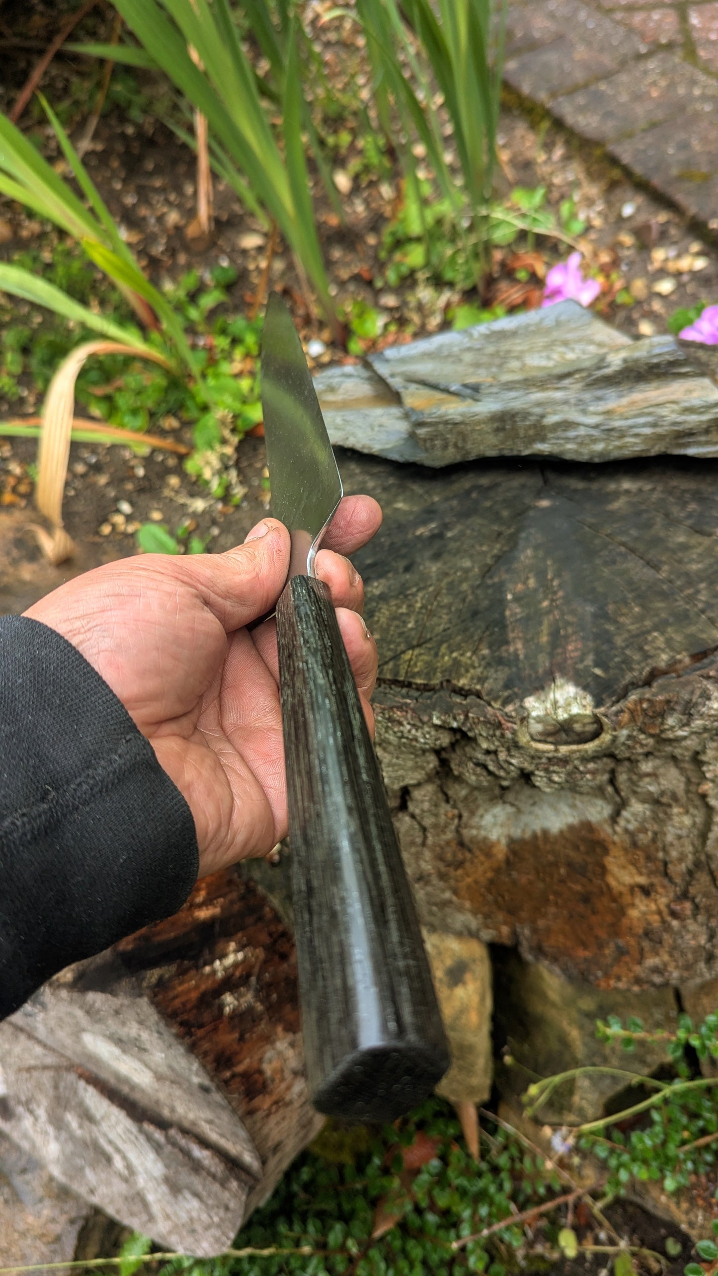Handmade 9½ " 80 CRV2 carbon steel knife. 5600 years old Bog Oak handle