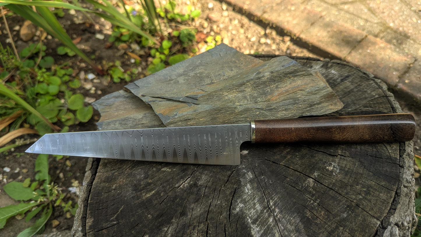 Hand made 8" stainless damascus san Mai. Burr Elm wood handle