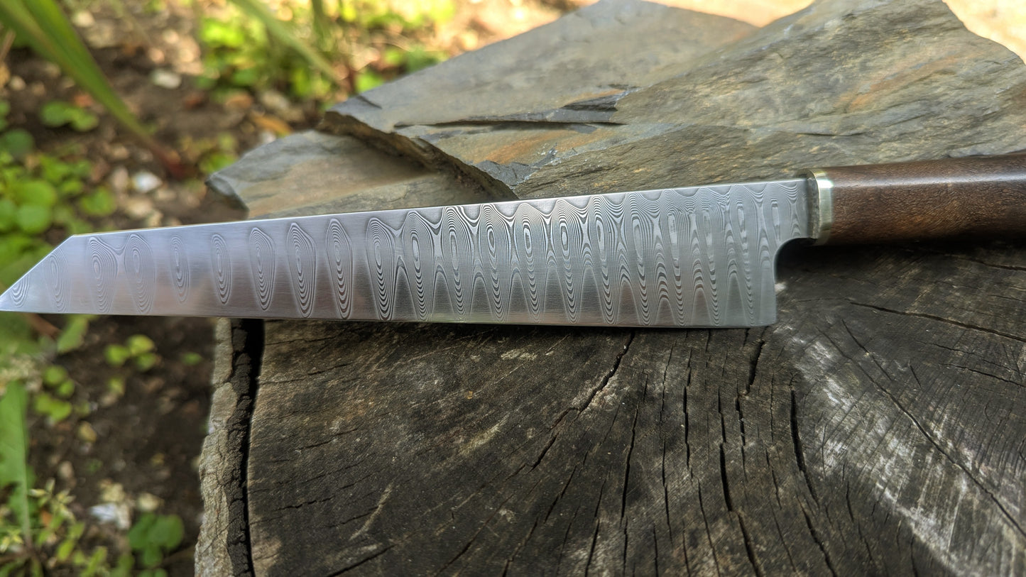 Hand made 8" stainless damascus san Mai. Burr Elm wood handle