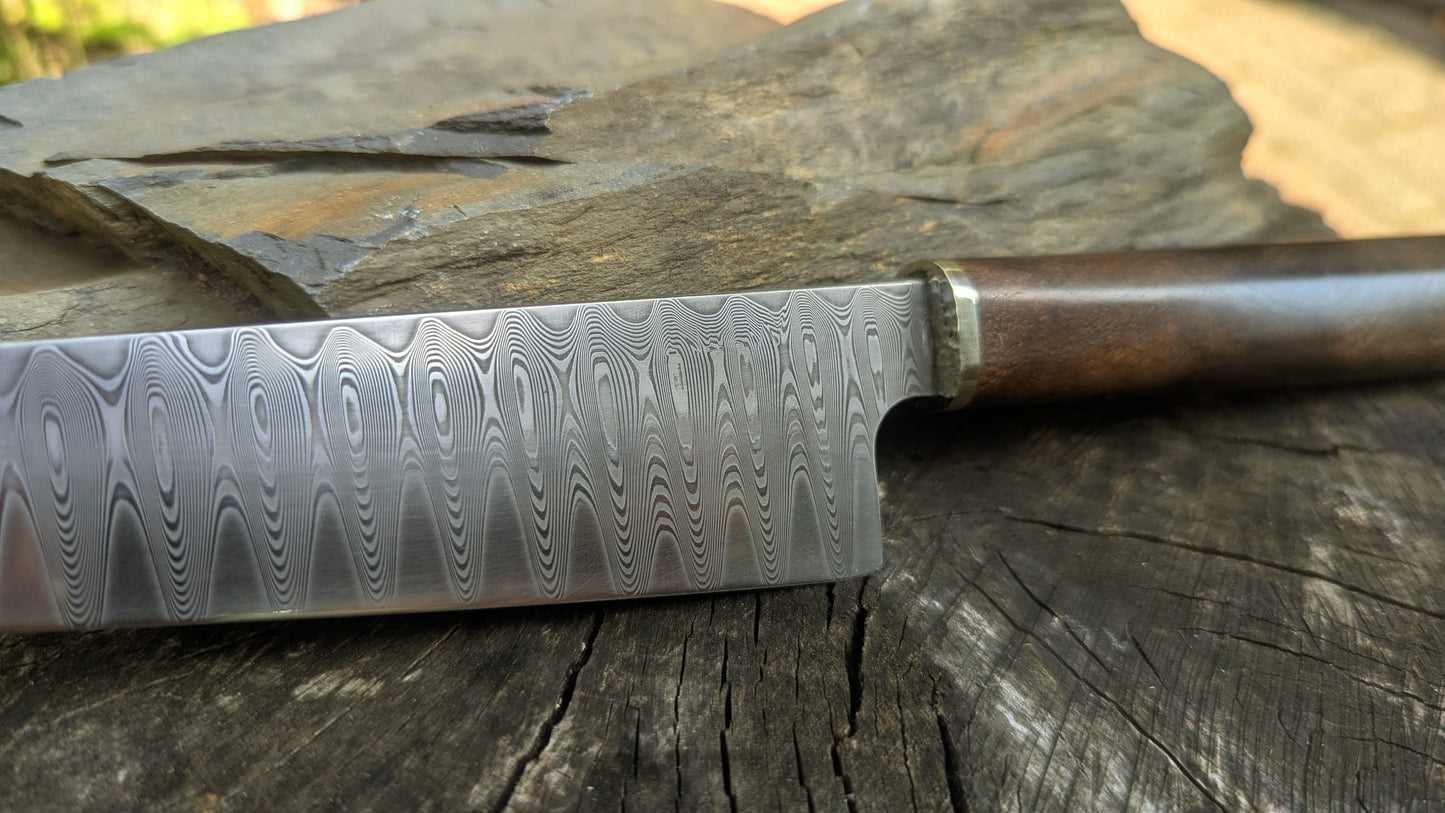 Hand made 8" stainless damascus san Mai. Burr Elm wood handle