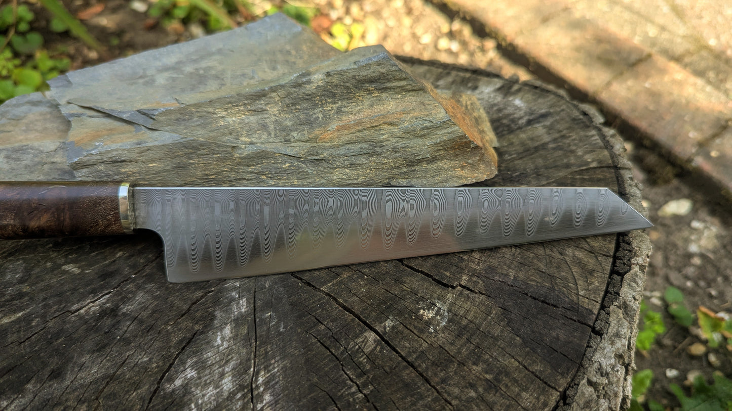 Hand made 8" stainless damascus san Mai. Burr Elm wood handle