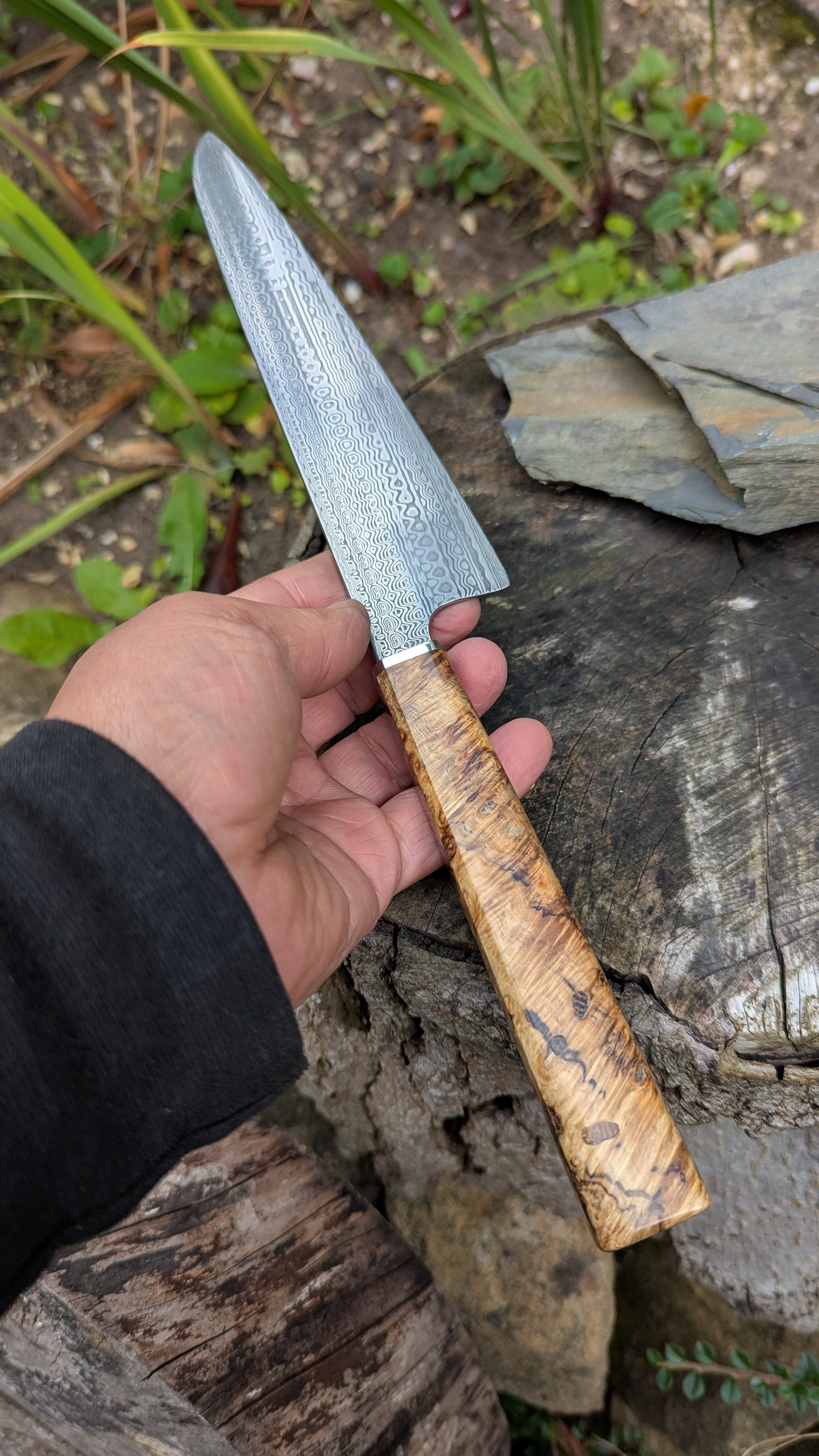 Hand made 8"Stainless Damascus - Damasteel® DS93X - Munin . Amboyna Burl handle