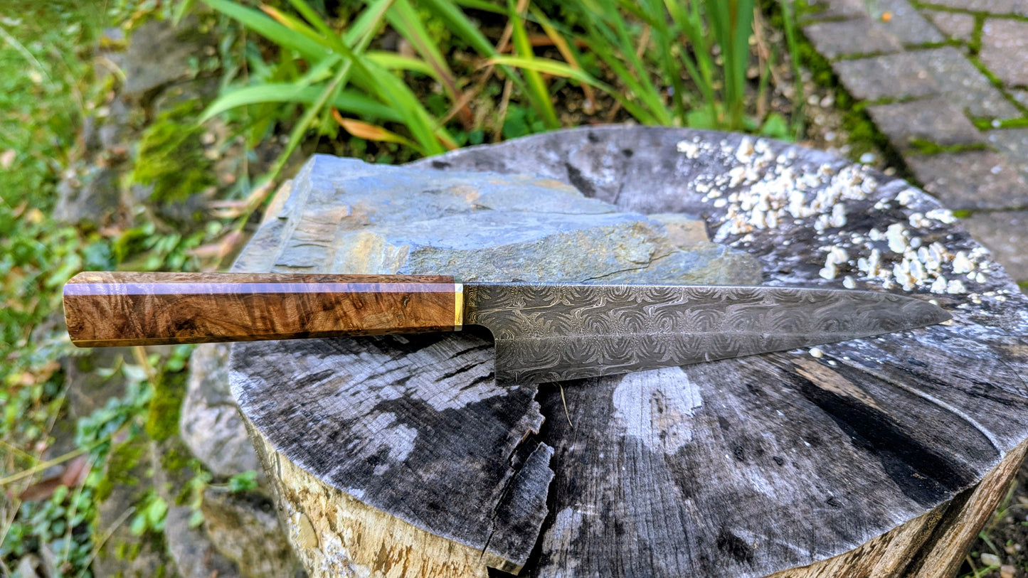 Handmade 8" Carbon Steel Damascus, Wood Burl
