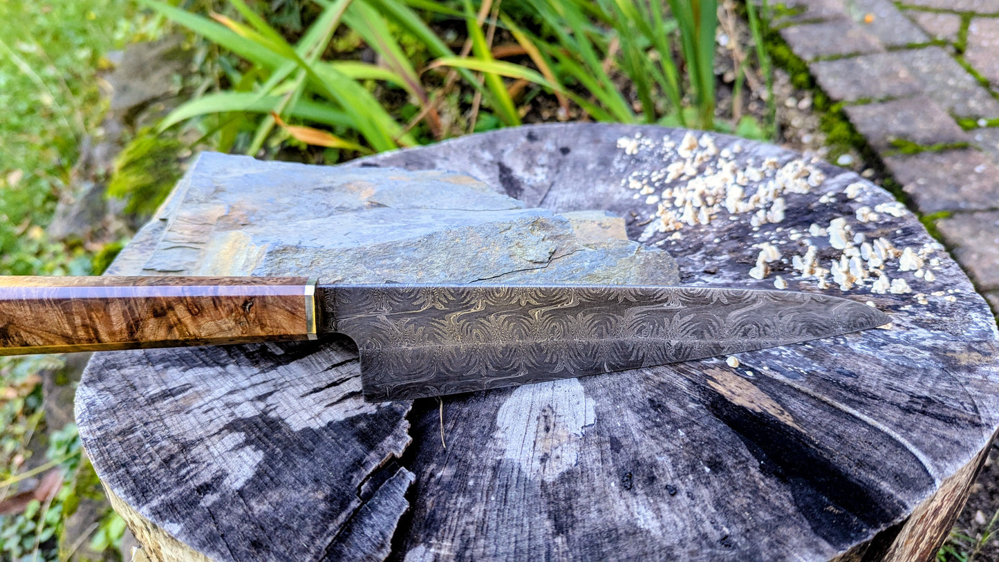 Handmade 8" Carbon Steel Damascus, Wood Burl