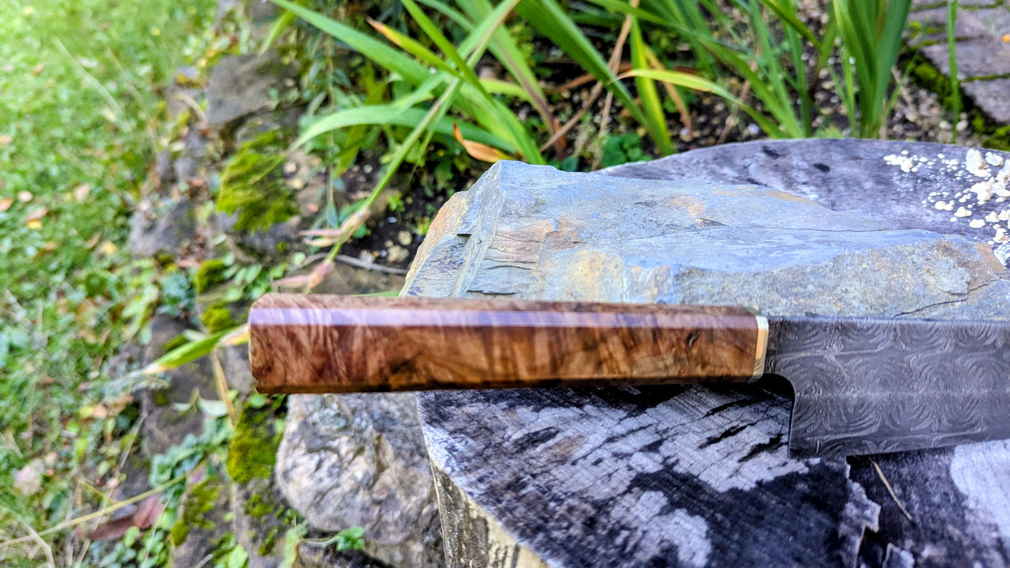 Handmade 8" Carbon Steel Damascus, Wood Burl