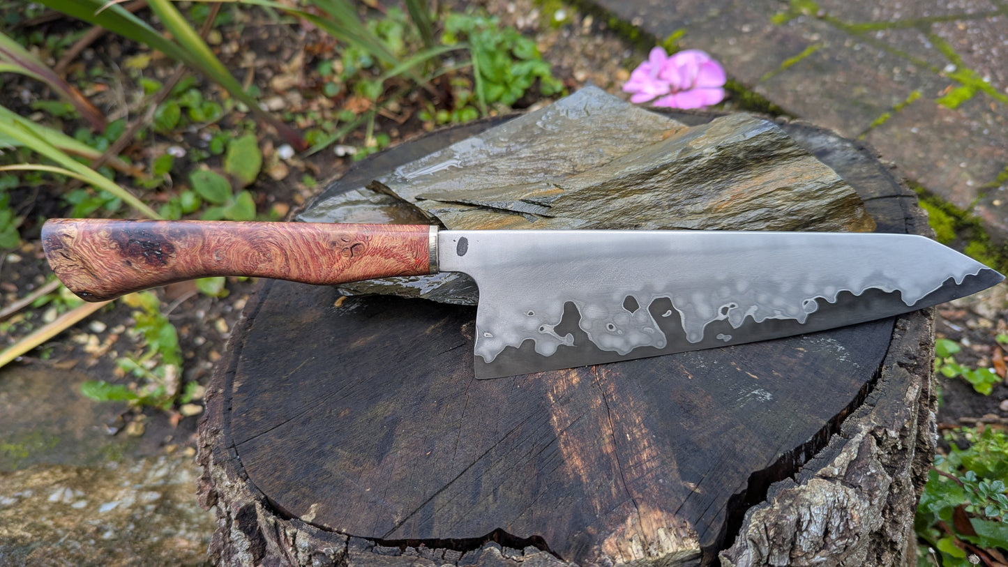 Hand made 8" Takefu Super Blue Stainless Clad San Mai. English Oak Burr Handle
