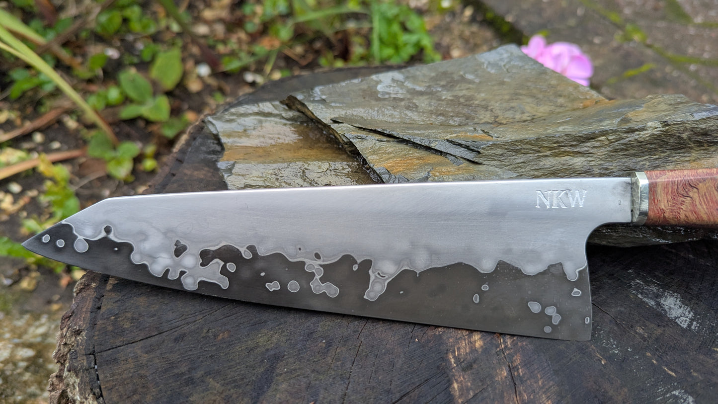 Hand made 8" Takefu Super Blue Stainless Clad San Mai. English Oak Burr Handle