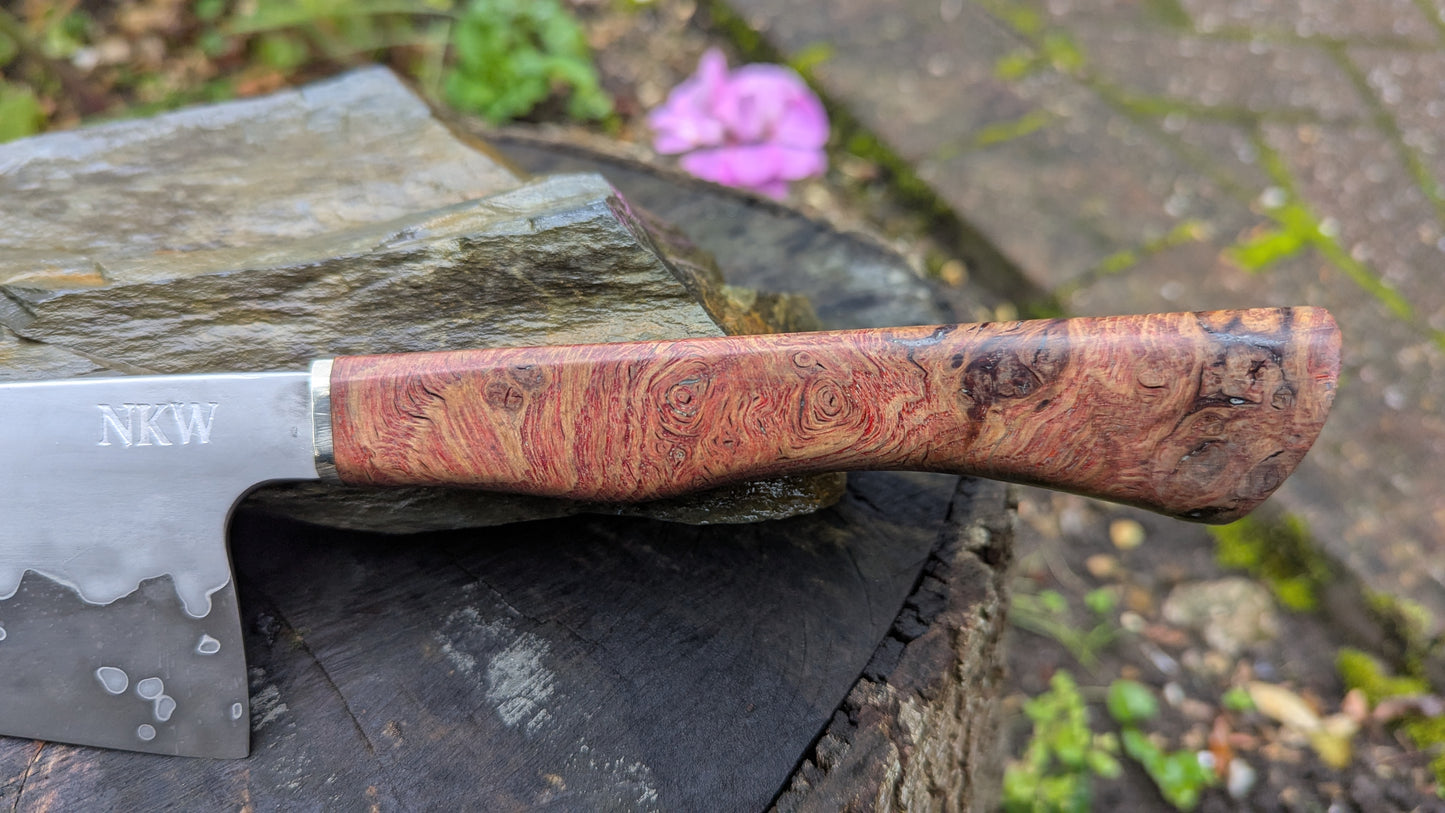 Hand made 8" Takefu Super Blue Stainless Clad San Mai. English Oak Burr Handle