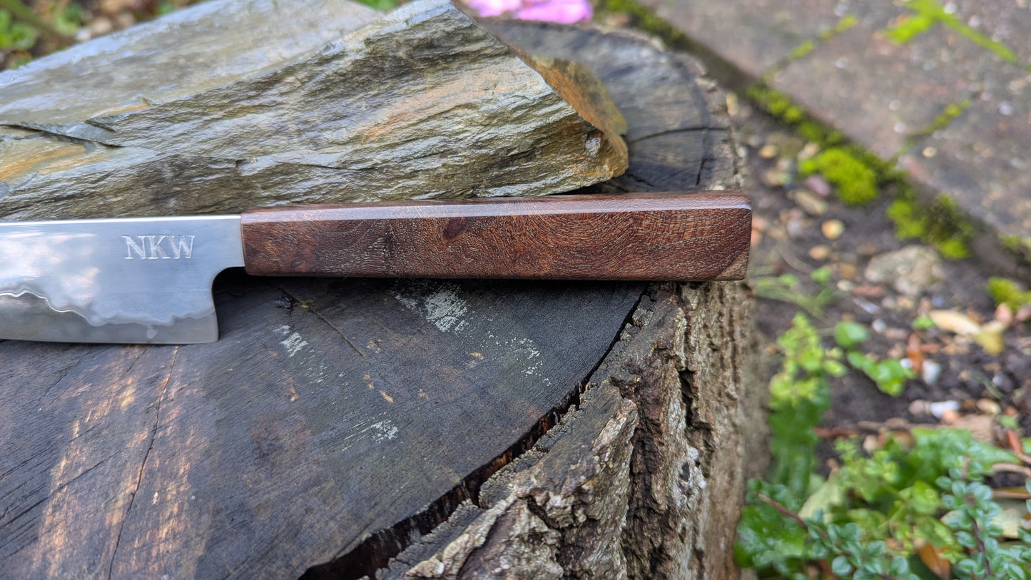 Hand made 6" Takefu super blue stainless clad San Mai. Wood burl handle