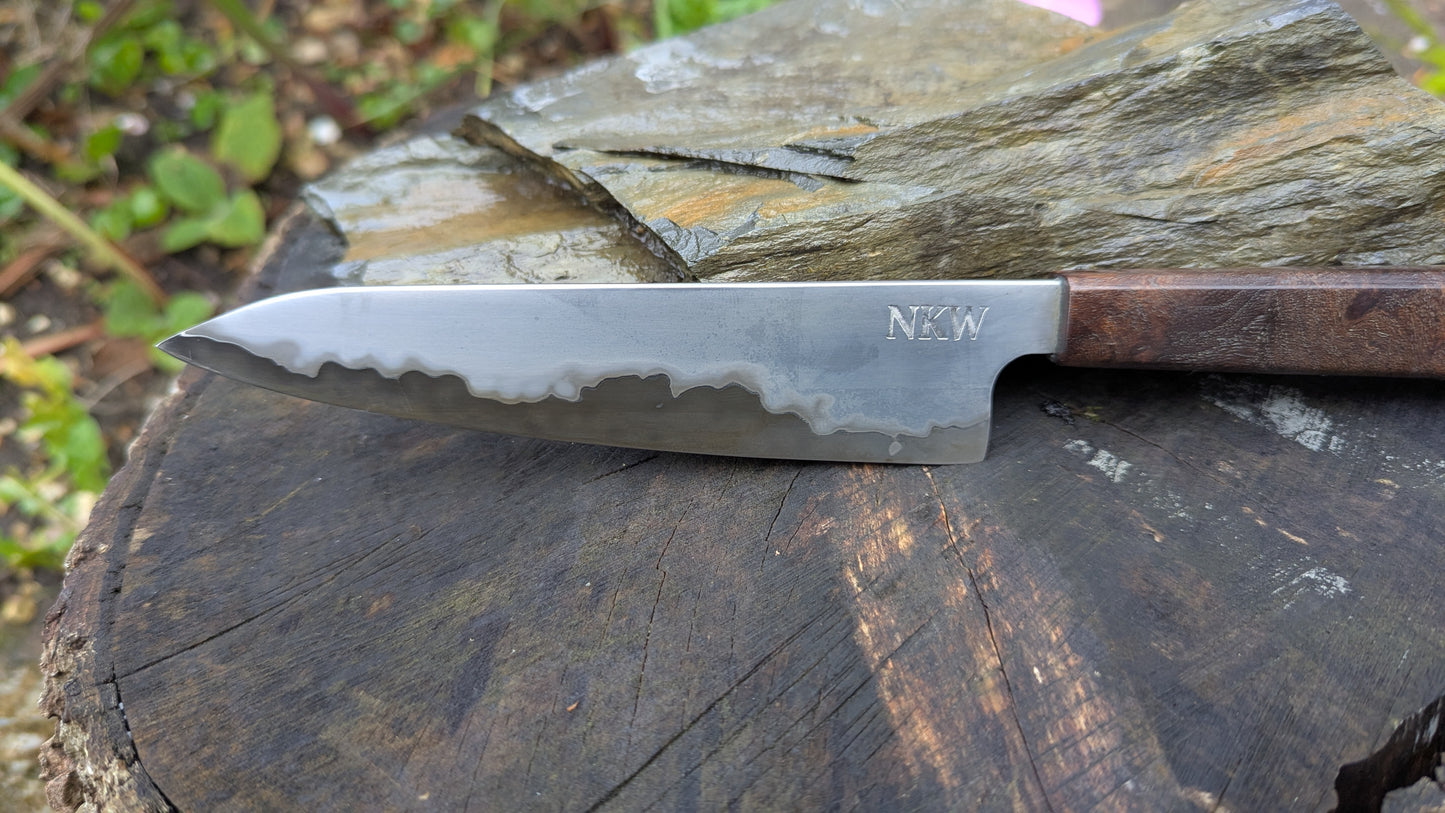 Hand made 6" Takefu super blue stainless clad San Mai. Wood burl handle