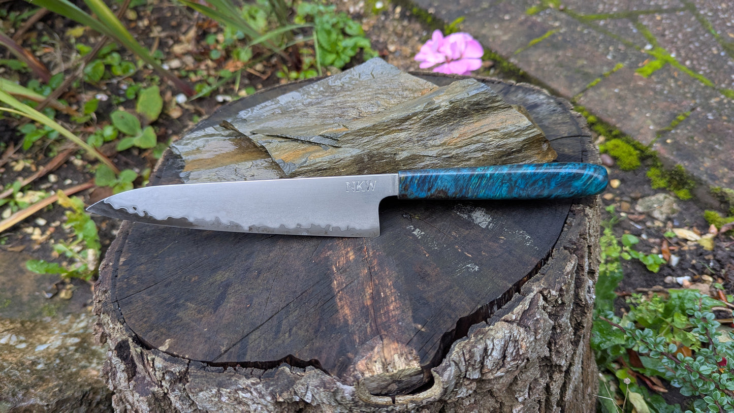 Hand made 6" Takefu super blue stainless clad San Mai. Amboyna burl handle