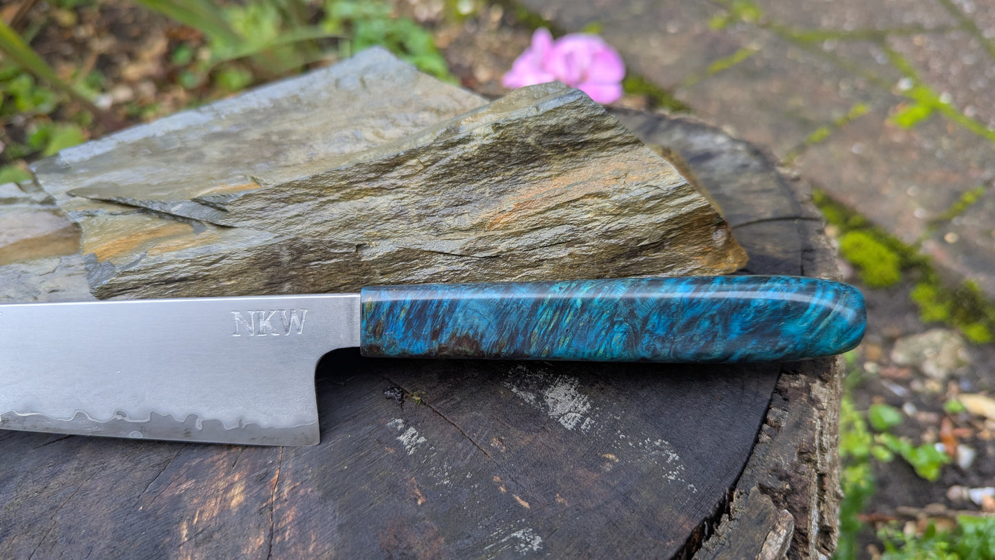 Hand made 6" Takefu super blue stainless clad San Mai. Amboyna burl handle