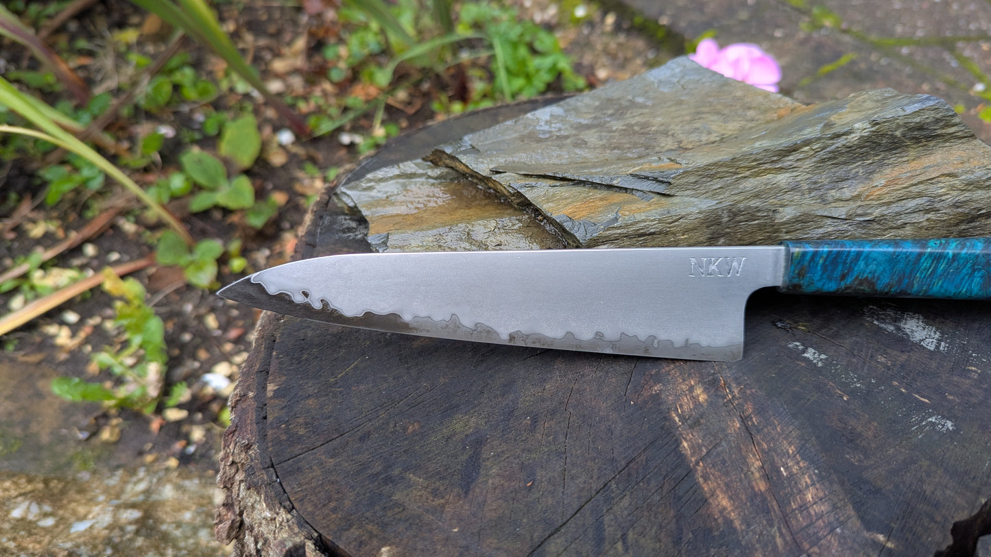 Hand made 6" Takefu super blue stainless clad San Mai. Amboyna burl handle
