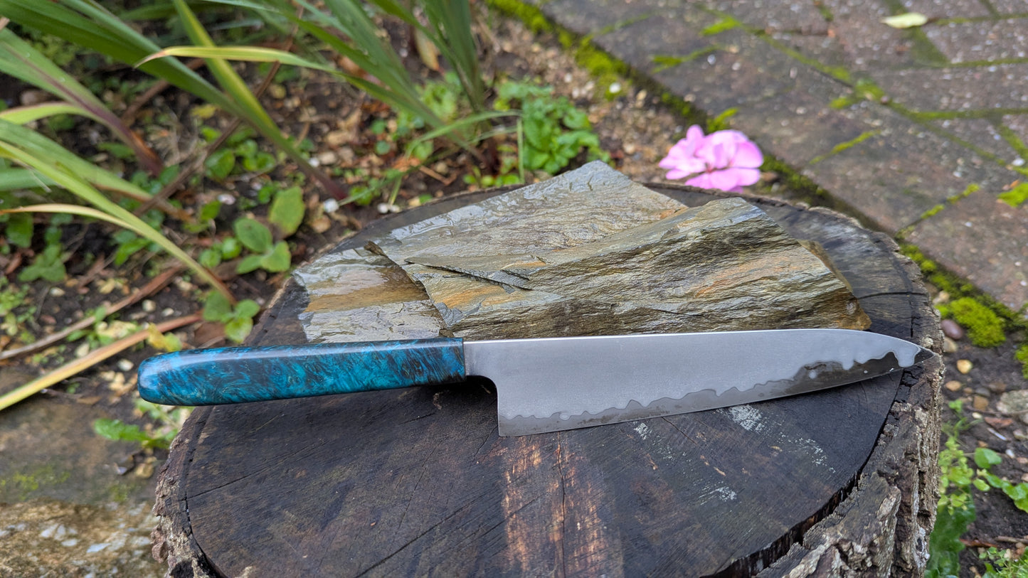 Hand made 6" Takefu super blue stainless clad San Mai. Amboyna burl handle