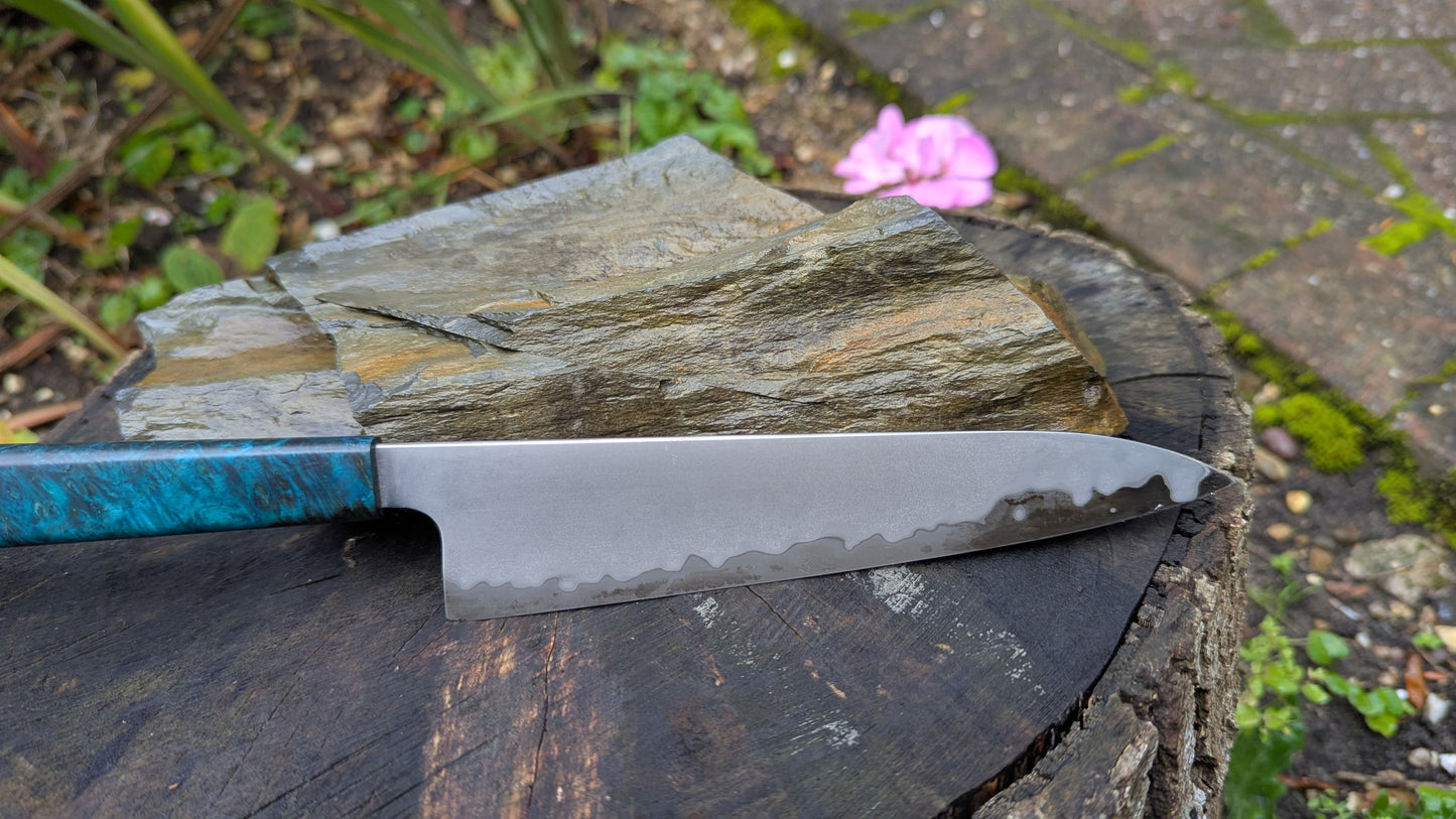 Hand made 6" Takefu super blue stainless clad San Mai. Amboyna burl handle