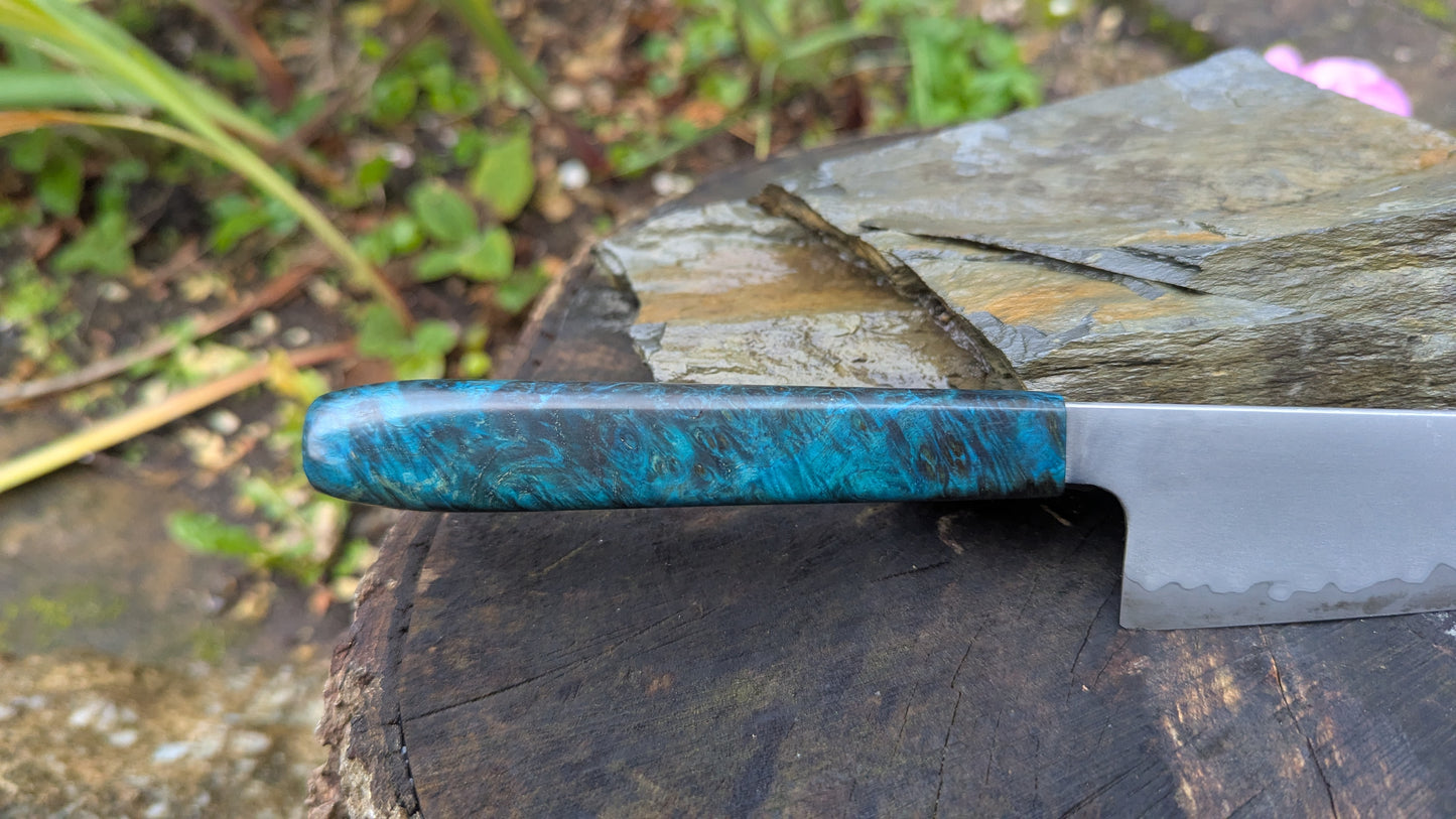 Hand made 6" Takefu super blue stainless clad San Mai. Amboyna burl handle