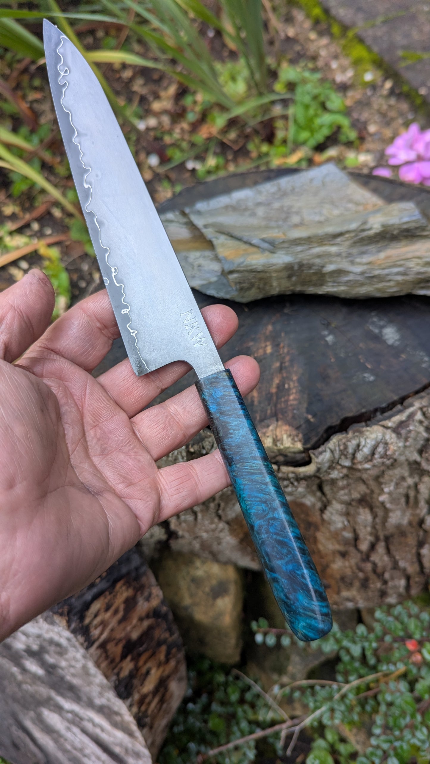 Hand made 6" Takefu super blue stainless clad San Mai. Amboyna burl handle