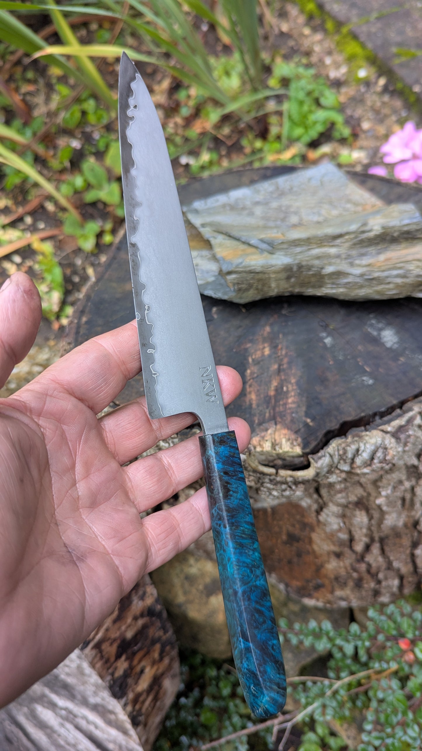 Hand made 6" Takefu super blue stainless clad San Mai. Amboyna burl handle