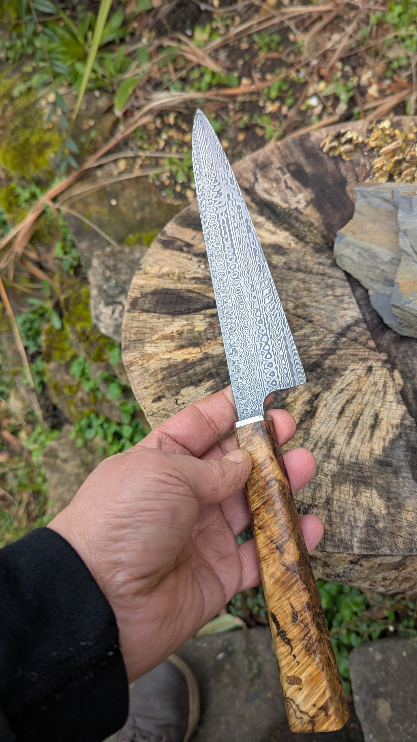 Gyuto 195mm Stainless Damascus - Damasteel® DS93X - Munin . Amboyna Burl handle