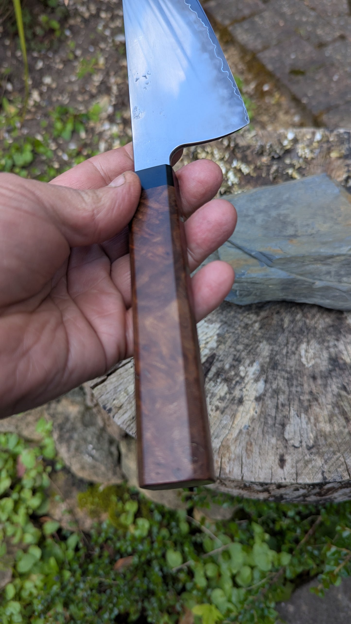 Hand Made Kiritsuke 195mm. Takefu Super Blue Stainless Clad San Mai. Elm Burl with Richlite Handle