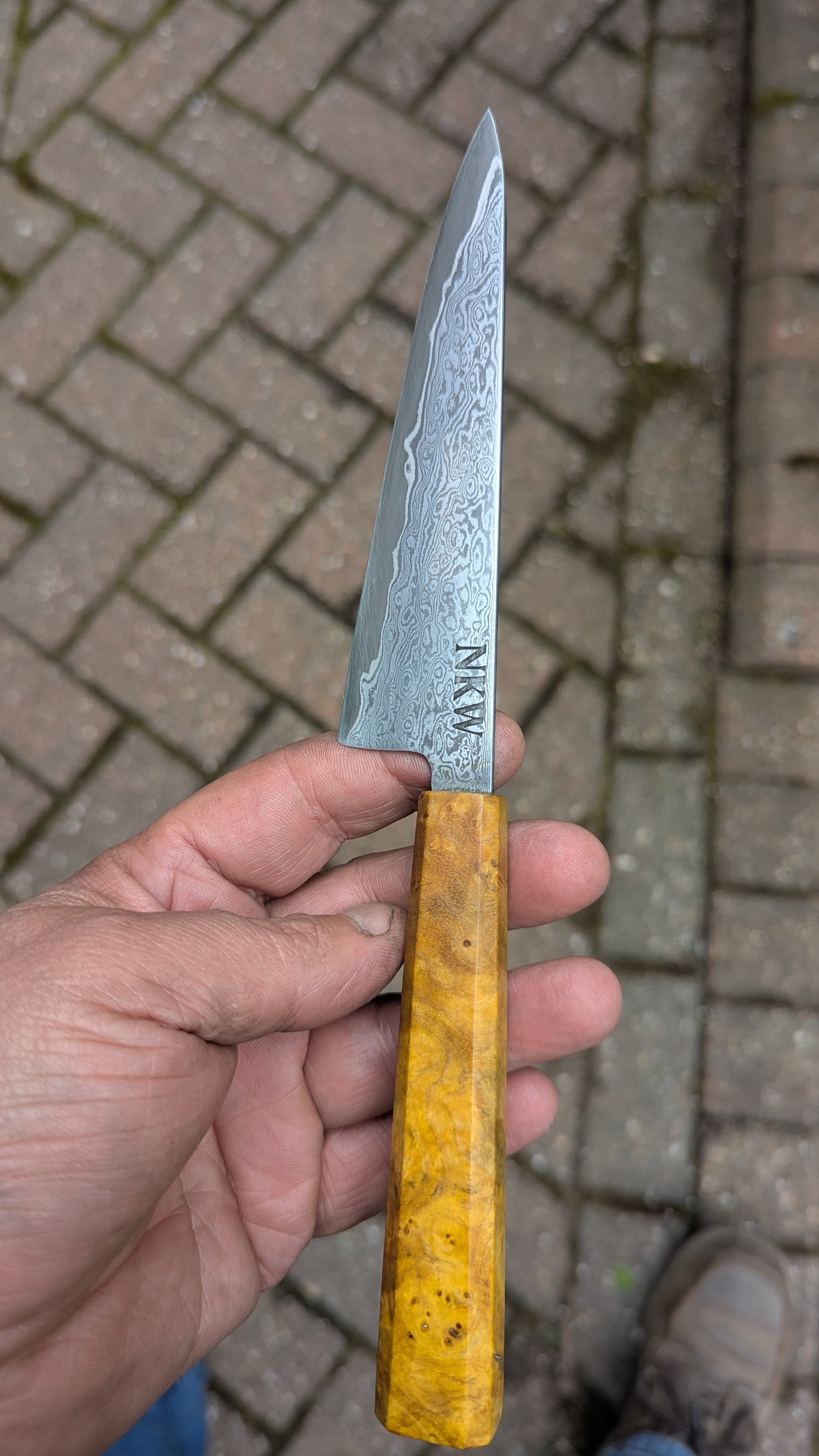 Hand Forged 125mm Petty. 80CRV2 San-Mai, 60 layers Damascus. Ash Burl Handle