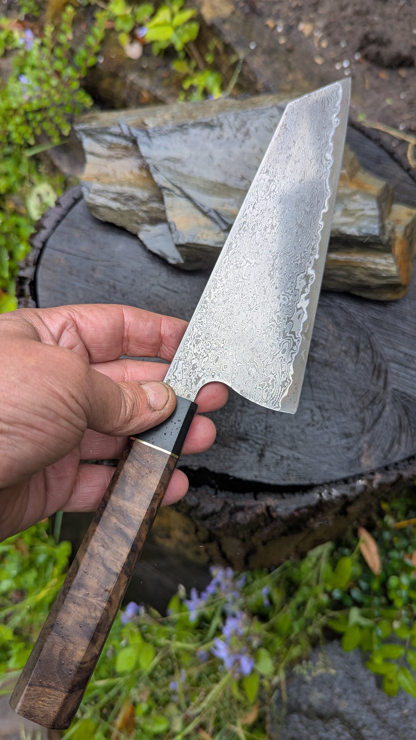 Hand Forged 185mm Bunka. 80CRV2 San-Mai, 60 layers Damascus. Walnut Burl and Richlite handle