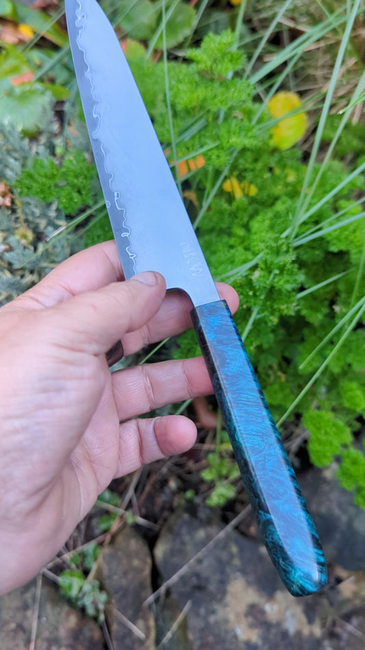 Hand made 6" Takefu super blue stainless clad San Mai. Amboyna burl handle