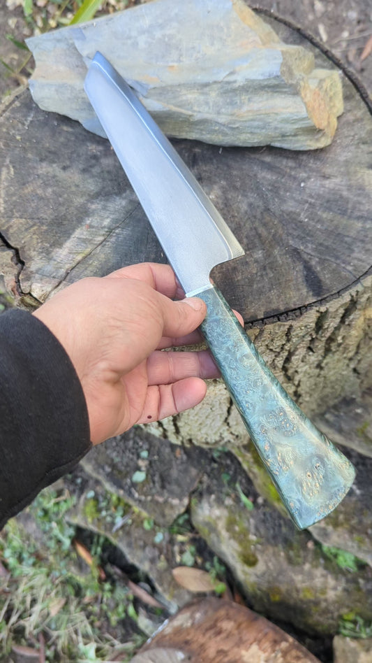 Hand made 8" Takefu super blue stainless clad San Mai. Amboyna burl with nickel silver