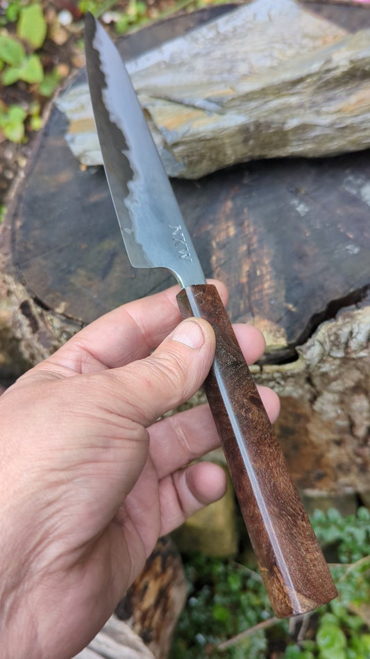 Hand made 6" Takefu super blue stainless clad San Mai. Wood burl handle