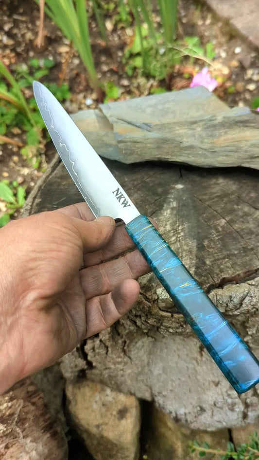 Hand made 6" Takefu super blue stainless clad San Mai. Amboyna burl handle