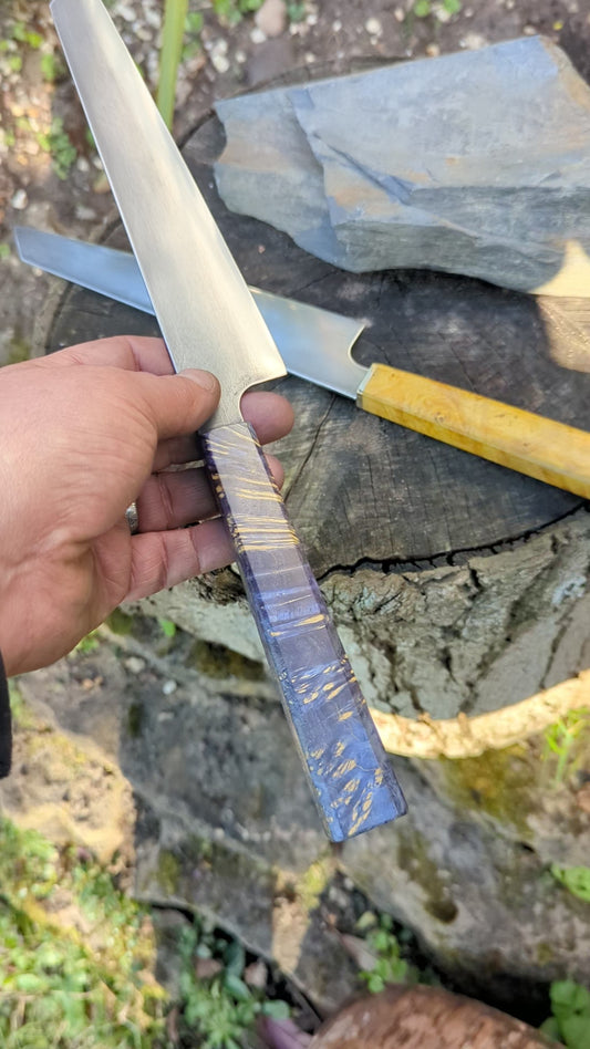 Hand made 8" ApexUltra carbon steel. Blue Amboyna burl handle