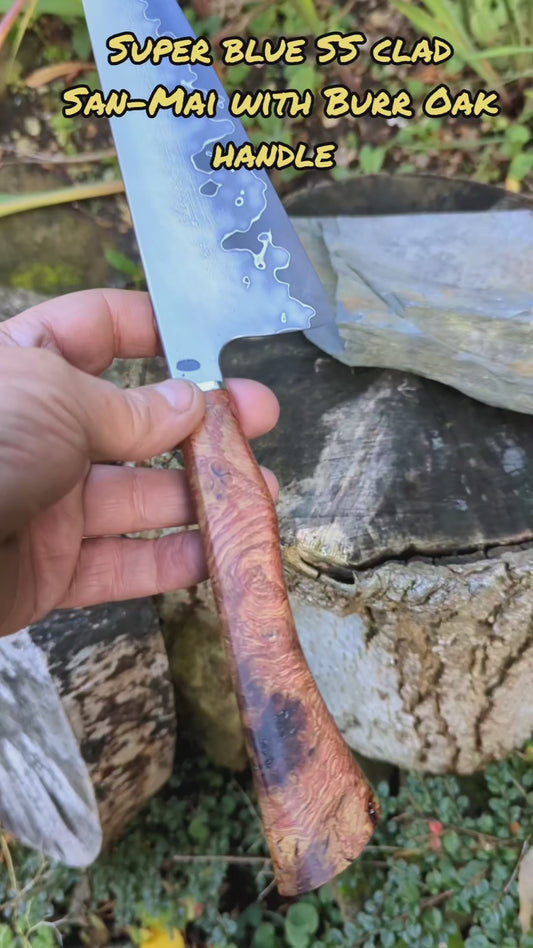 Hand made 8" Takefu Super Blue Stainless Clad San Mai. English Oak Burr Handle