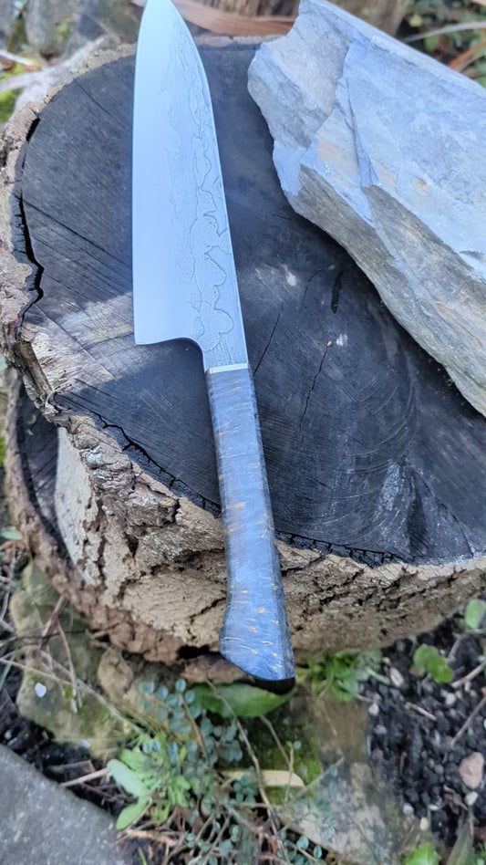 Hand made 8" ApexUltra carbon steel. Amboyna burl handle