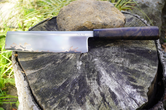 Nakiri 170mm Takefu Cu-Mai : DPS V-Toku2 Core Stainless Steel Clad San Mai. Turkish Walnut handle