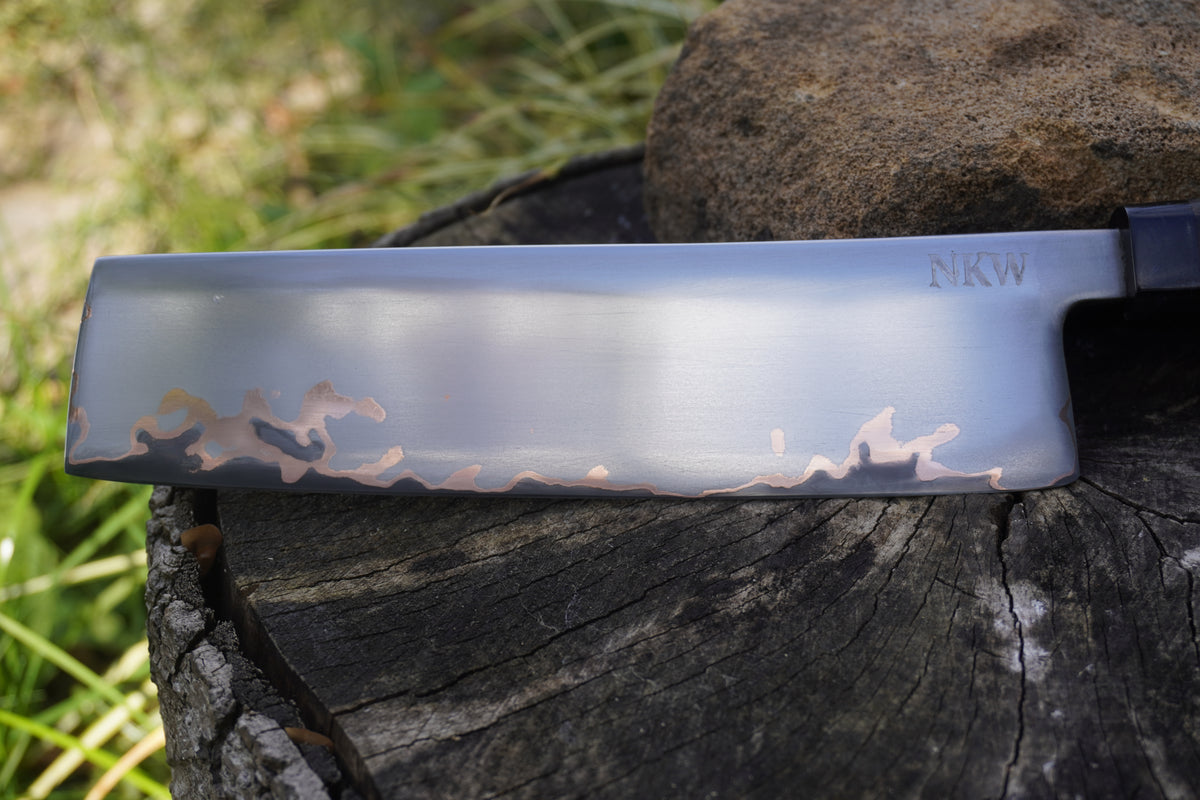 Nakiri 170mm Takefu Cu-Mai : DPS V-Toku2 Core Stainless Steel Clad San Mai. Turkish Walnut handle