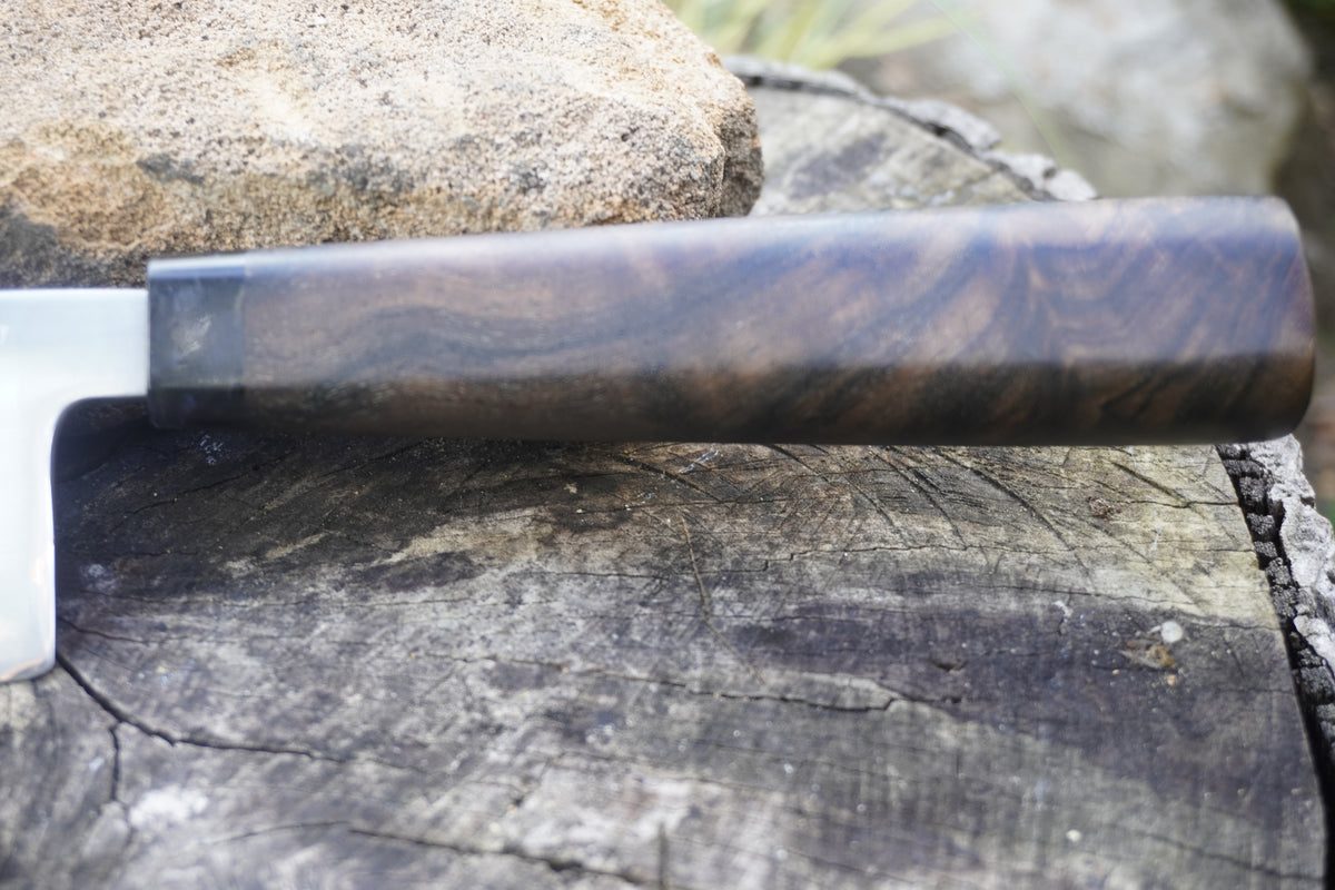 Nakiri 170mm Takefu Cu-Mai : DPS V-Toku2 Core Stainless Steel Clad San Mai. Turkish Walnut handle