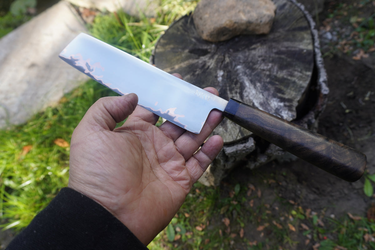 Nakiri 170mm Takefu Cu-Mai : DPS V-Toku2 Core Stainless Steel Clad San Mai. Turkish Walnut handle