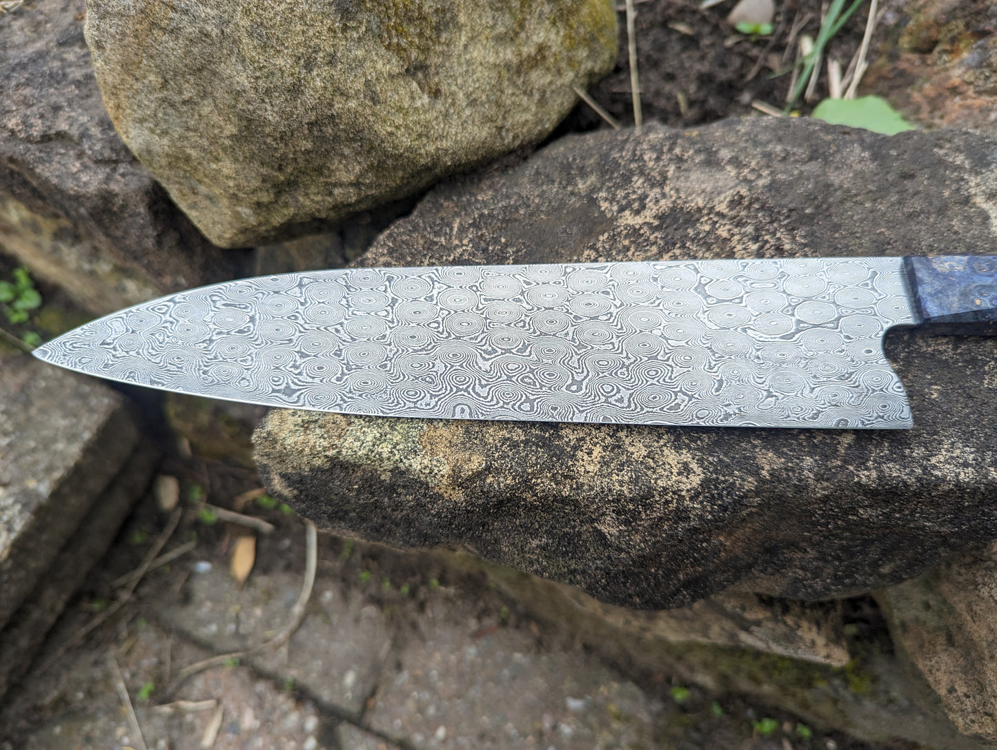 Handmade 9 ½" chef's knife, Hand-forged Rose garden Damascus. Amboyna burl handle