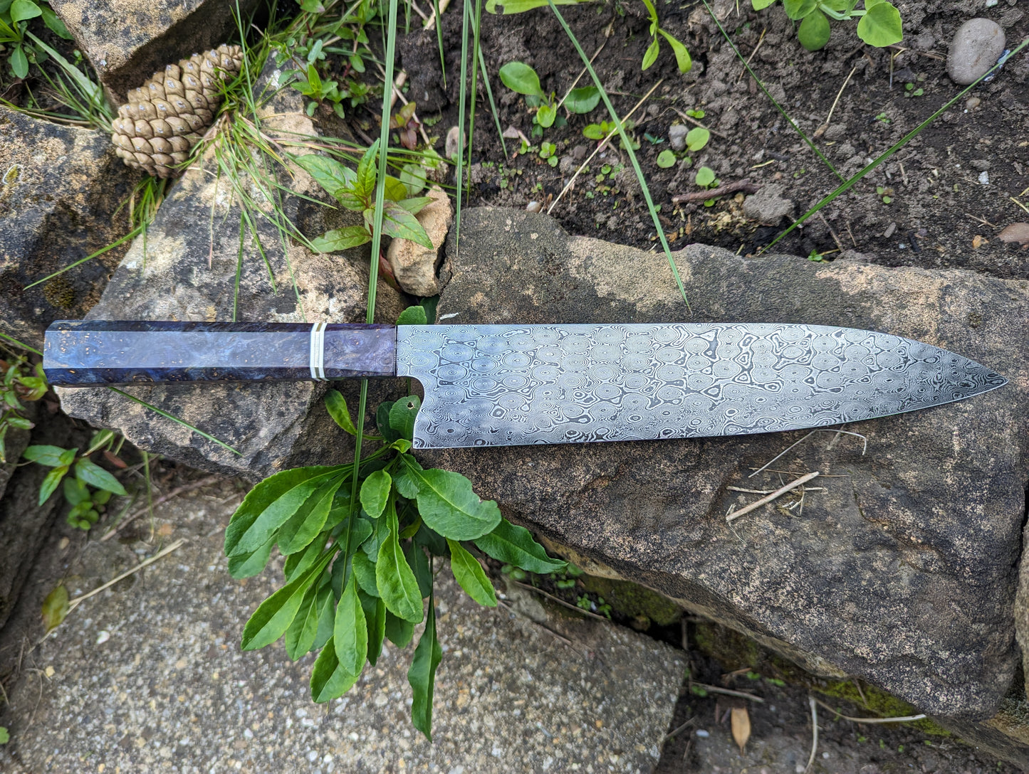 Handmade 9 ½" chef's knife, Hand-forged Rose garden Damascus. Amboyna burl handle