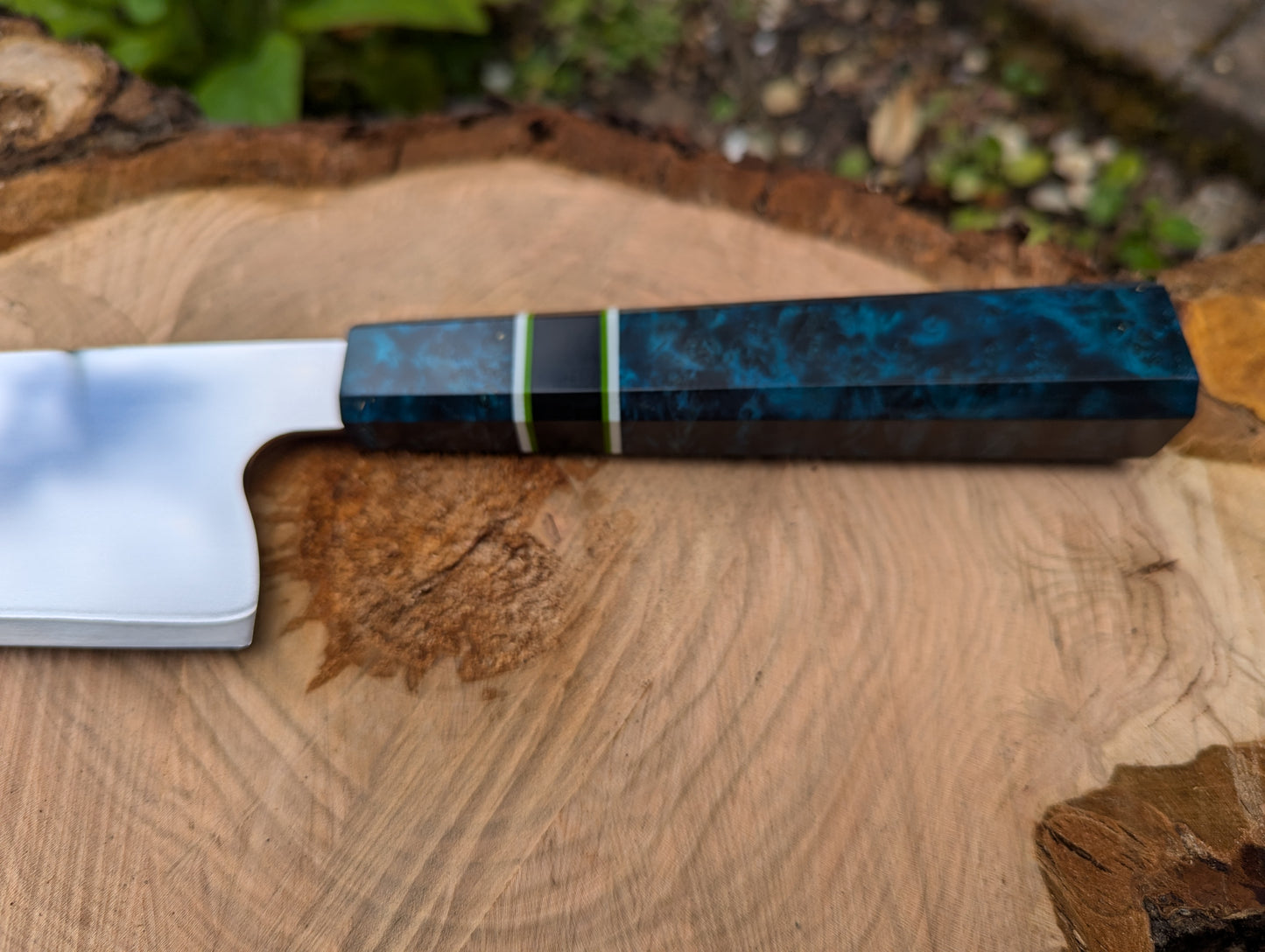 Handmade 10" chef's knife, Super blue Stainless Steel Clad. Amboyna burl handle